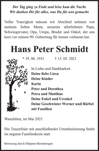 Traueranzeige von Hans Peter Schmidt  von Magdeburger Volksstimme