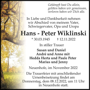Traueranzeige von Hans Peter Wiklinski  von Magdeburger Volksstimme