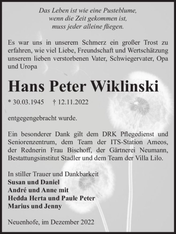 Traueranzeige von Hans Peter Wiklinski  von Magdeburger Volksstimme