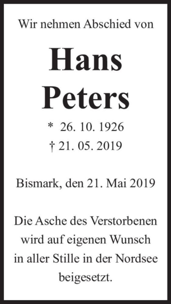 Traueranzeige von Hans Peters  von Magdeburger Volksstimme