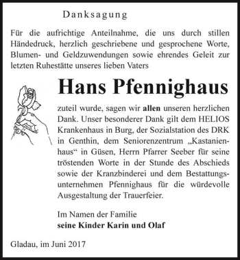 Traueranzeige von Hans Pfennighaus  von Magdeburger Volksstimme
