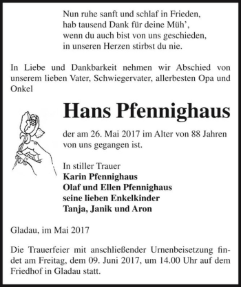 Traueranzeige von Hans Pfennighaus  von Magdeburger Volksstimme
