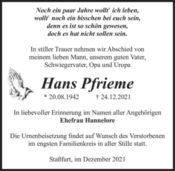 Traueranzeige von Hans Pfrieme  von Magdeburger Volksstimme