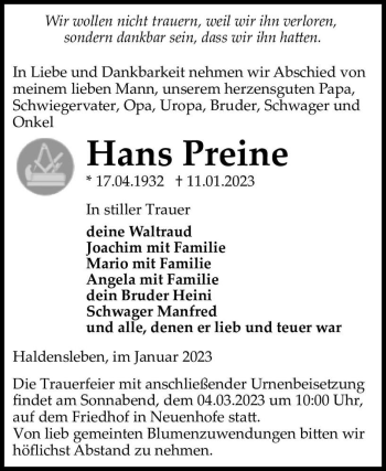 Traueranzeige von Hans Preine  von Magdeburger Volksstimme