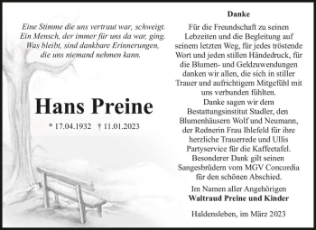 Traueranzeige von Hans Preine  von Magdeburger Volksstimme