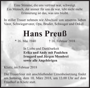 Traueranzeige von Hans Preuß  von Magdeburger Volksstimme