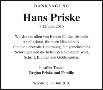 Traueranzeige von Hans Priske  von Magdeburger Volksstimme