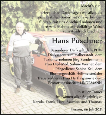 Traueranzeige von Hans Puschner  von Magdeburger Volksstimme