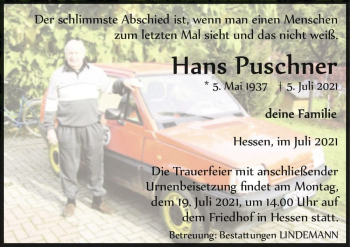 Traueranzeige von Hans Puschner  von Magdeburger Volksstimme