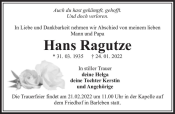 Traueranzeige von Hans Ragutze  von Magdeburger Volksstimme