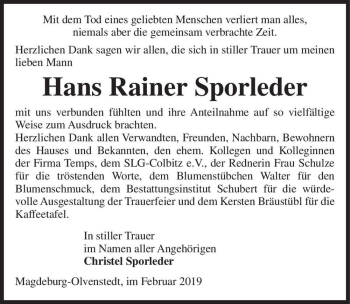 Traueranzeige von Hans Rainer Sporleder  von Magdeburger Volksstimme