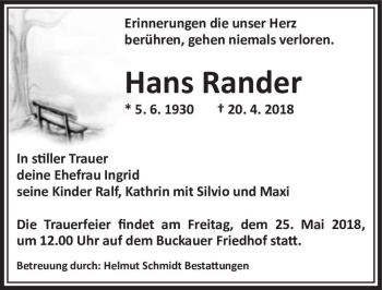 Traueranzeige von Hans Rander  von Magdeburger Volksstimme