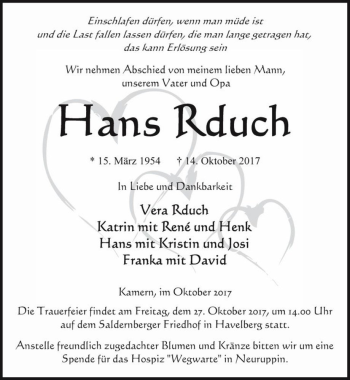 Traueranzeige von Hans Rduch  von Magdeburger Volksstimme