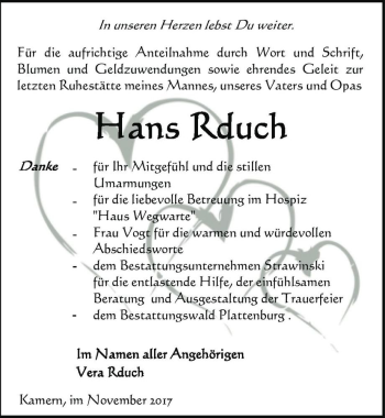 Traueranzeige von Hans Rduch  von Magdeburger Volksstimme