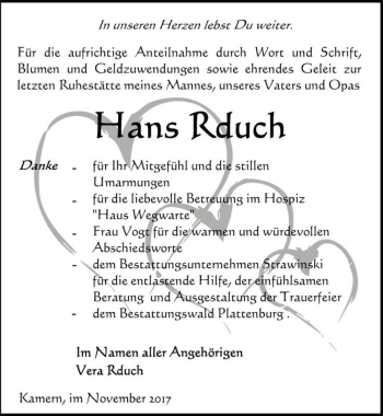 Traueranzeige von Hans Rduch  von Magdeburger Volksstimme
