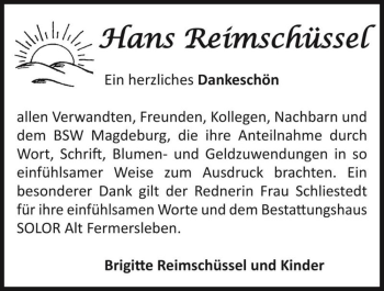 Traueranzeige von Hans Reimschüssel  von Magdeburger Volksstimme