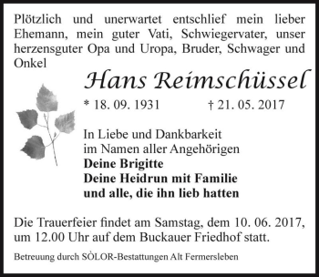 Traueranzeige von Hans Reimschüssel  von Magdeburger Volksstimme