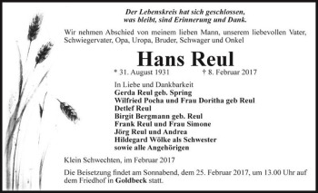 Traueranzeige von Hans Reul  von Magdeburger Volksstimme