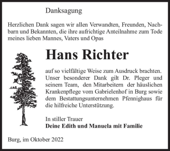 Traueranzeige von Hans Richter  von Magdeburger Volksstimme