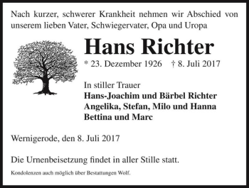 Traueranzeige von Hans Richter  von Magdeburger Volksstimme