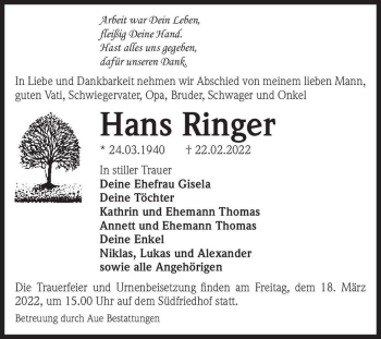 Traueranzeige von Hans Ringer  von Magdeburger Volksstimme