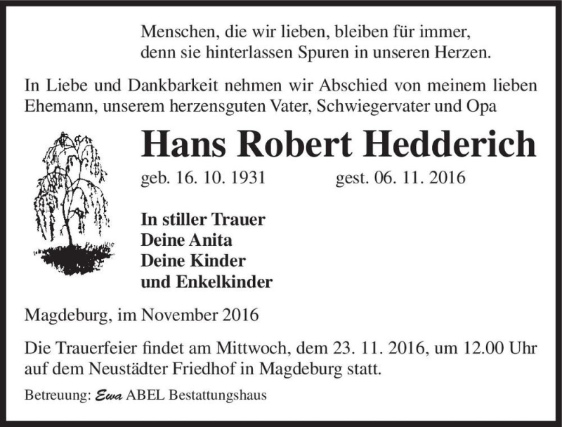  Traueranzeige für Hans Robert Hedderich  vom 12.11.2016 aus Magdeburger Volksstimme