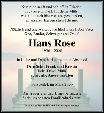Traueranzeige von Hans Rose  von Magdeburger Volksstimme