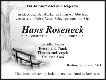 Traueranzeige von Hans Roseneck  von Magdeburger Volksstimme