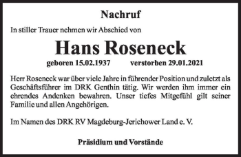 Traueranzeige von Hans Roseneck  von Magdeburger Volksstimme