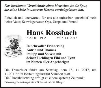 Traueranzeige von Hans Rossbach  von Magdeburger Volksstimme