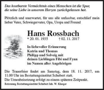 Traueranzeige von Hans Rossbach  von Magdeburger Volksstimme