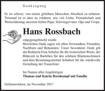 Traueranzeige von Hans Rossbach  von Magdeburger Volksstimme