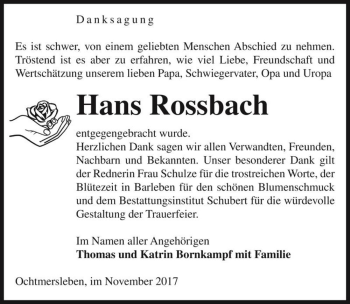 Traueranzeige von Hans Rossbach  von Magdeburger Volksstimme