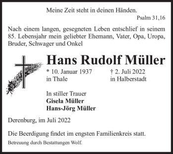 Traueranzeige von Hans Rudolf Müller  von Magdeburger Volksstimme