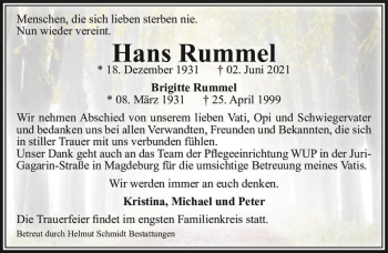 Traueranzeige von Hans Rummel  von Magdeburger Volksstimme