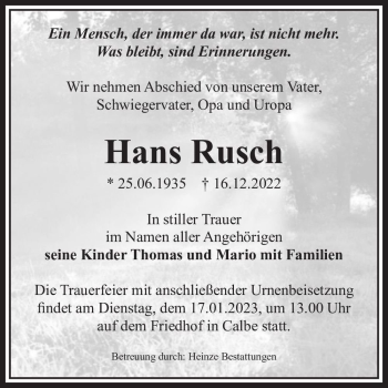 Traueranzeige von Hans Rusch  von Magdeburger Volksstimme