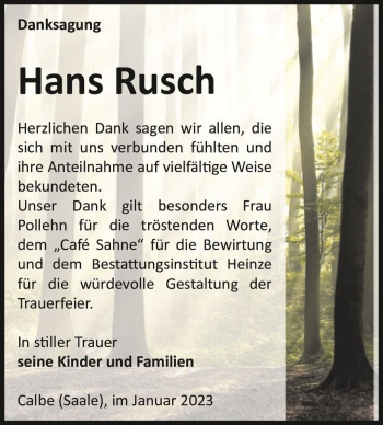 Traueranzeige von Hans Rusch  von Magdeburger Volksstimme