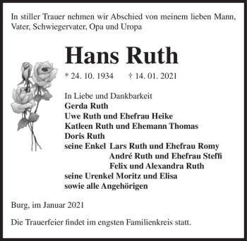 Traueranzeige von Hans Ruth  von Magdeburger Volksstimme