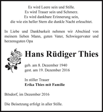 Traueranzeige von Hans Rüdiger Thies  von Magdeburger Volksstimme