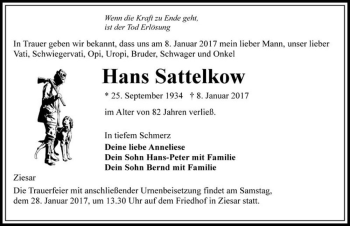 Traueranzeige von Hans Sattelkow  von Magdeburger Volksstimme