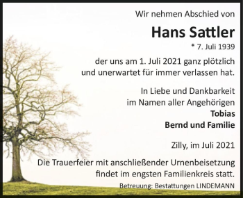 Traueranzeige von Hans Sattler  von Magdeburger Volksstimme