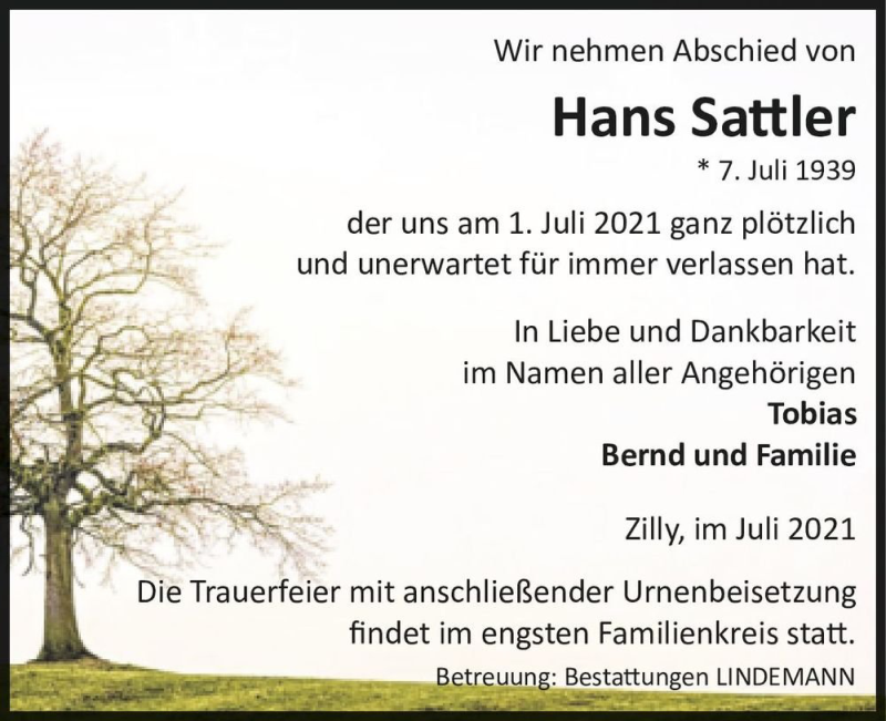  Traueranzeige für Hans Sattler  vom 10.07.2021 aus Magdeburger Volksstimme