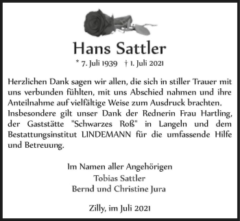 Traueranzeige von Hans Sattler  von Magdeburger Volksstimme