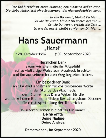 Traueranzeige von Hans Sauermann 