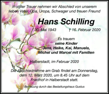 Traueranzeige von Hans Schilling  von Magdeburger Volksstimme