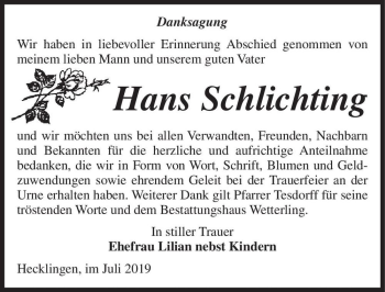 Traueranzeige von Hans Schlichting  von Magdeburger Volksstimme