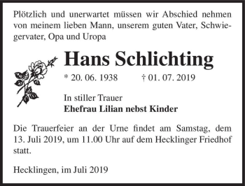 Traueranzeige von Hans Schlichting  von Magdeburger Volksstimme