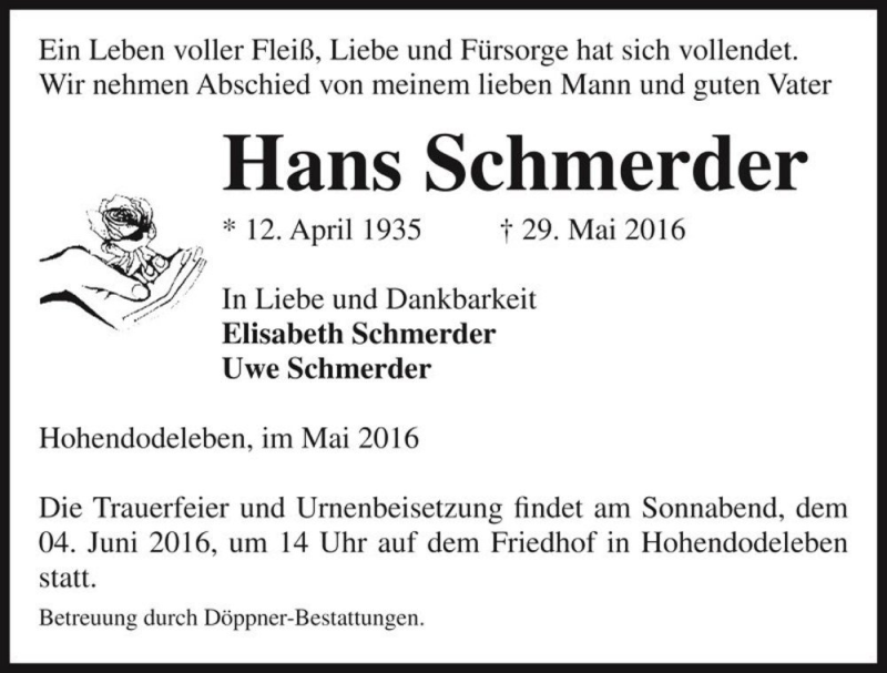  Traueranzeige für Hans Schmerder  vom 01.06.2016 aus Magdeburger Volksstimme