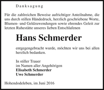 Traueranzeige von Hans Schmerder  von Magdeburger Volksstimme