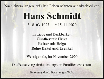 Traueranzeige von Hans Schmidt  von Magdeburger Volksstimme